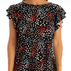 CeCe Black Floral Ruffle Sleeve Blouse Size L Feminine Spring Top